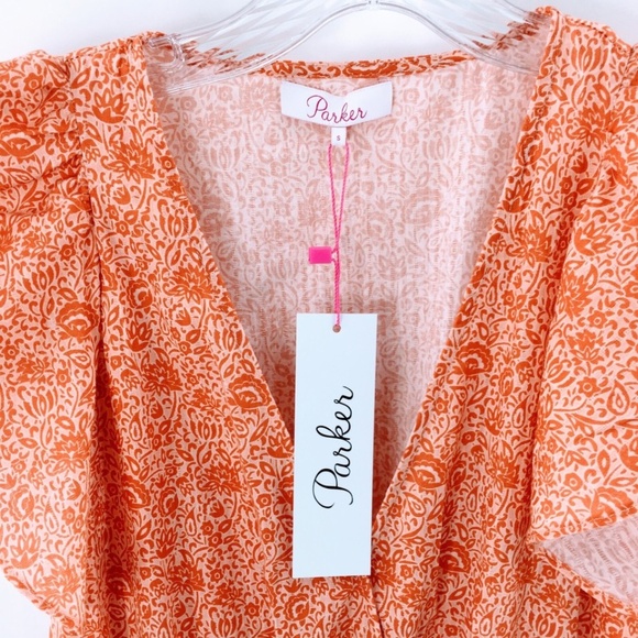 Parker Women Dress Orange Floral Print Cotton Peasant Tiered Sleeveless Midi - Picture 13 of 14